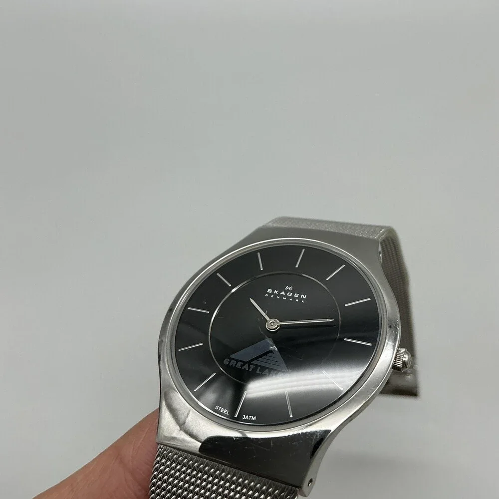 Skagen Mens Watch 34mm Black Dial Great Lakes Logo Mesh Stainless New Battery
